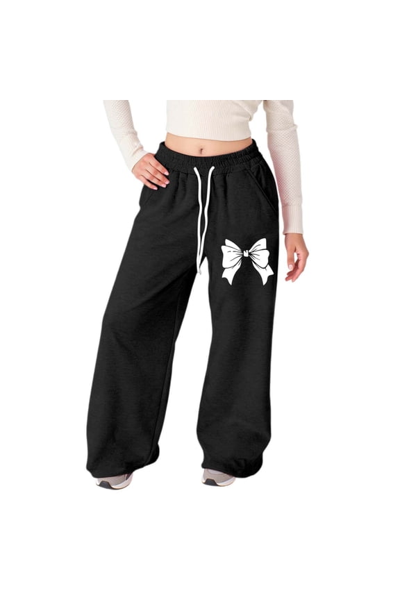 Girls Pants Bow Detail Loose Fit Straight Leg Jogger Back Pocket Comfort Bottoms