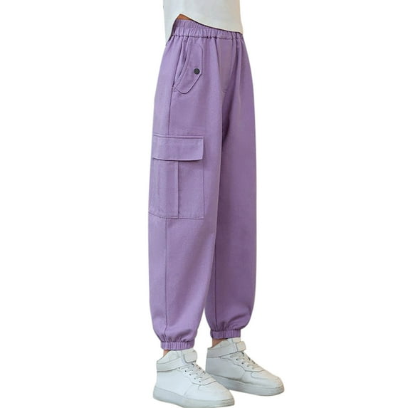 Girls Pants,Cargo Pants Children Girls Casual High Waisted Drawstring Loose Fit Pockets Streetwear Bottoms Pants,Travel Pants,Purple,13-14 Years