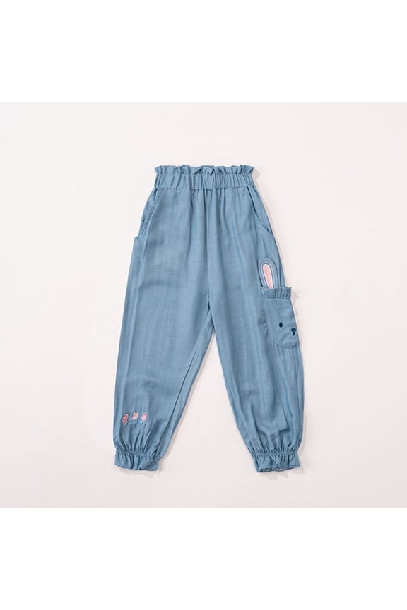 Girls Pants Cartoon Graphic Print Pocket Elastic Waist Ruffles Joggers for Summer Wear Sky Blue 4 Years-5 Years