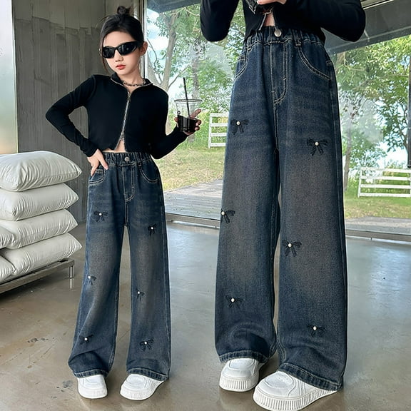Girls Pants Casual Denim Trousers Stylish High Waisted Loose Fit Comfortable Everyday Wear For Spring And Autumn