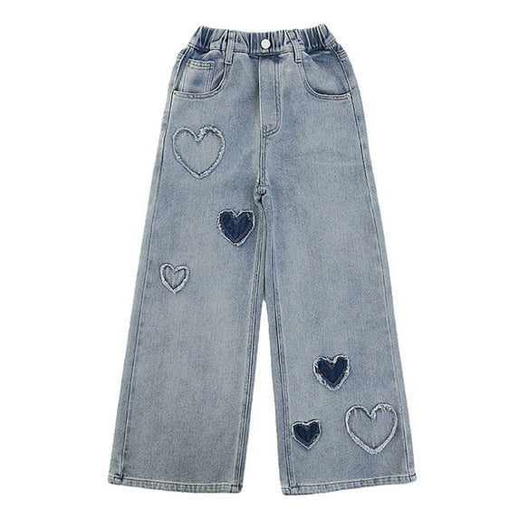 Girls Pants Casual Pants for Girls Girls Casual Pants Long Flared Jeans With Heart Design Loose Fit Comfortable Stretchable Kids Trousers For School Outdoor Play Everyday Wear Age 4 15