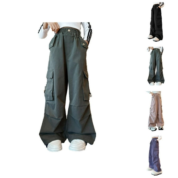 Girls Pants Casual Pants for Girls Multifunctional Cargo Trousers Elastic Waist Comfortable Blend Baggy Pants with Pockets for Outdoor Activities Kids 4-15 Years