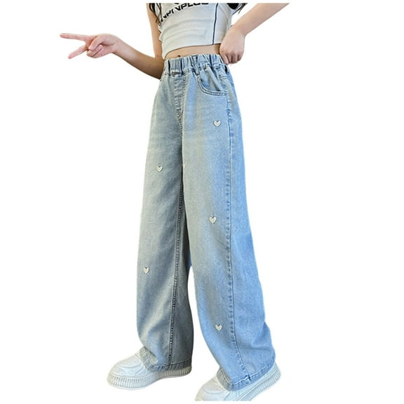 Girls Pants Casual Pants for Girls Fashion Embroidered Elastic Waist Wide Leg Denim Loose Casual Trousers with Pockets for Girls