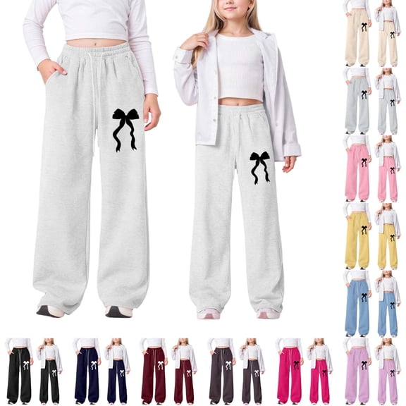 Girls Pants Drawstring Bow Sweatpants Elastic Waist Baggy Sweatpants Y2k Bow Pants Trousers Wide Leg Sweat Pants Casual