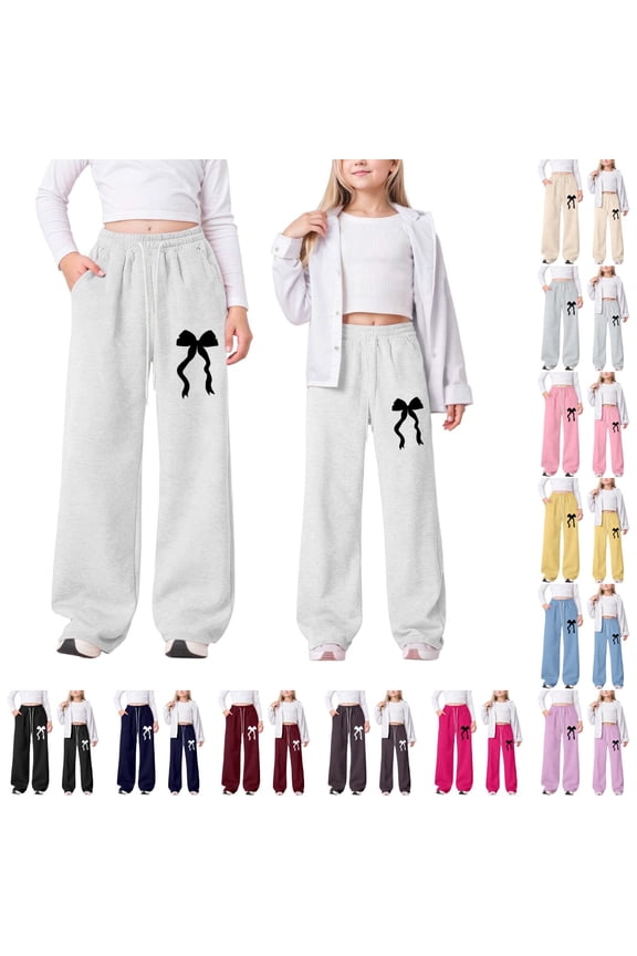 Girls Pants Drawstring Bow Sweatpants Elastic Waist Baggy Sweatpants Y2k Bow Pants Trousers Wide Leg Sweat Pants Casual