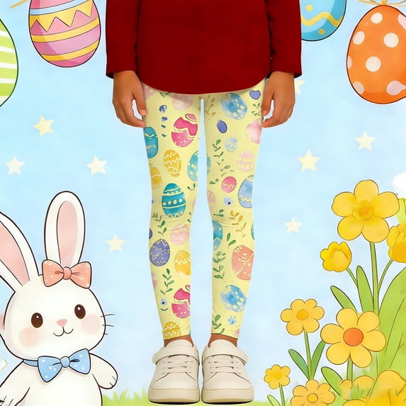 Girls Pants Easter Print Tights Stretchy Athletic Leggings Soft Base Layer Bottoms