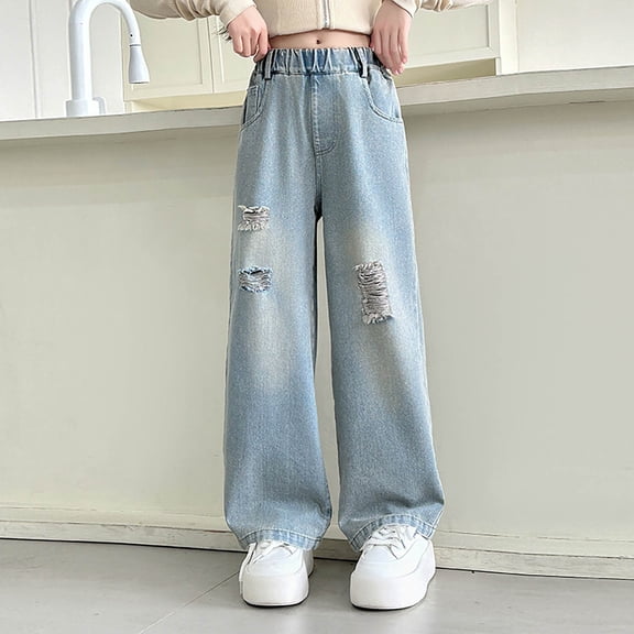 Girls' Pants Elastic Waist Ripped Wide Leg High Waist Denim Pants Teen Clothing Cute Jeans 10-11 Years Girls Fashion