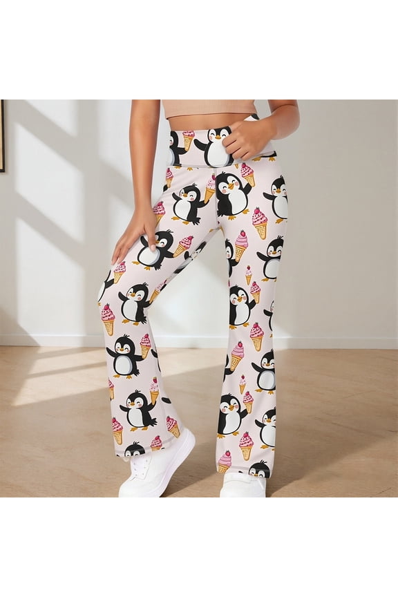 Girls Pants Fun Cartoon Character Print Slim Fit Sports Flared Casual Long Pants Size 3-4Y