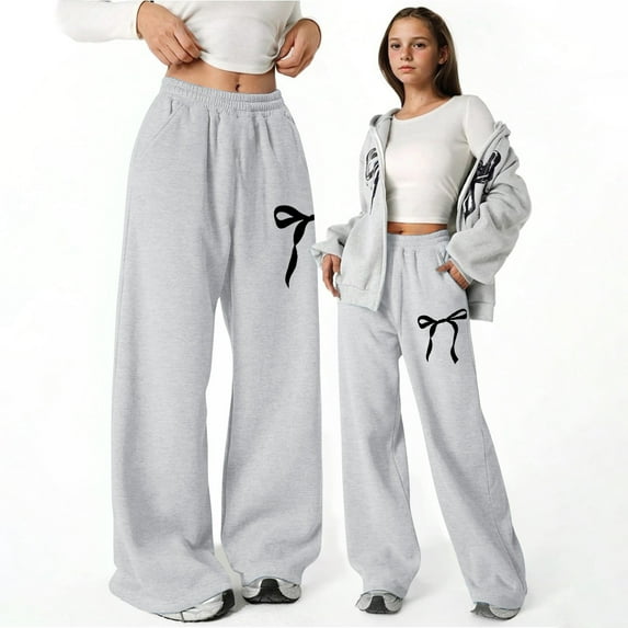 Girls Pants Girl'S Bowknot Baggy Sweatpants Lightweight Straight Leg Athletic Pants With Pockets Grey 8-9 Years