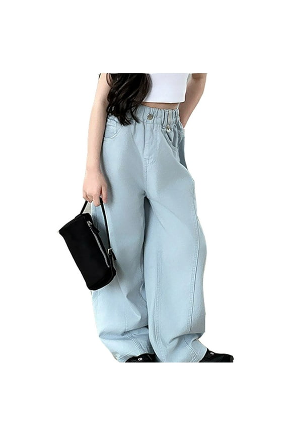 Girls Pants,Girls Comfort Jeans Soft Waistband Childrens Straight Leg Denim Wide Fit for Daily,Baggy Pants,Light Blue,5-6 Years