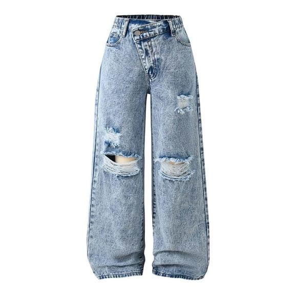 Girls Pants,Girls Denim Pants Trousers Loose Fit Distressed Wide Leg Casual Unique Asymmetrical Design,Sweatpants,Blue,13-14 Years