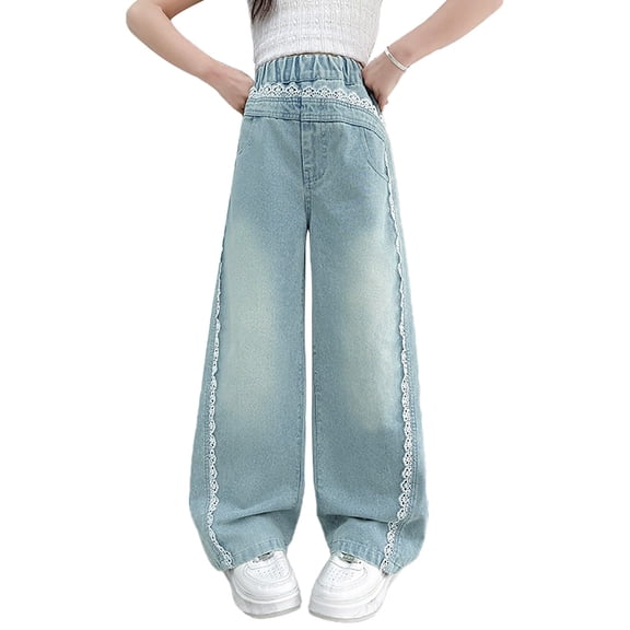 Girls Pants,Girls Elastic Waist Wide Leg Straight Trousers With Bow Back Casual Summer Pants,Girls Jeans,12 Blue,13-14 Years