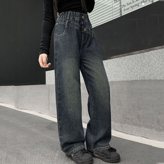 Girls Pants,Girls Fashion Cute Personality Pants Elastic Waist Wide Leg Jeans Casual Demin Pants With Pockets,Girls Jeans,17 Navy,5-6 Years