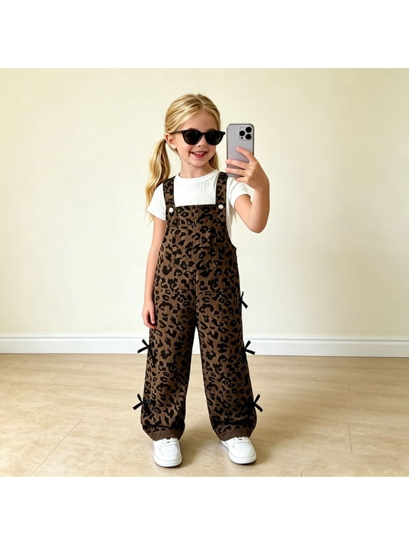 Girls Pants Girls Leopard Overalls for Kids with Adjustable Straps and Wide-Leg Jumpsuit Casual Sleeveless Bib Pants Cute Bow Detail for Everyday Play 5-6 Years
