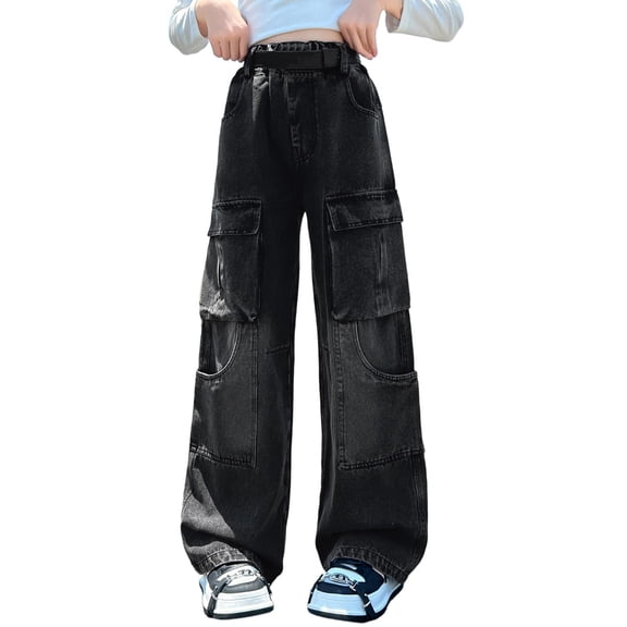 Girls Pants,Girls Straight Leg Denim Pants Regular Fit Wide Leg Jeans Comfortable School Wear Trousers,Girls Jeans,10 Black,8-9 Years