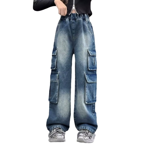 Girls Pants,Girls Wide Leg Baggy Jeans Elastic Waist Cargo Trousers Multiple Pockets Denim,Girls Jeans,16 Blue,5-6 Years