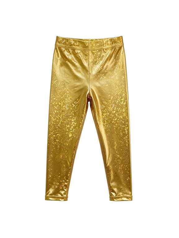 Girls Pants Gold Metallic Girls Pants High Waist Shiny Stretch Dance Leggings for Stage Party Performance Yellow 7-8 Years