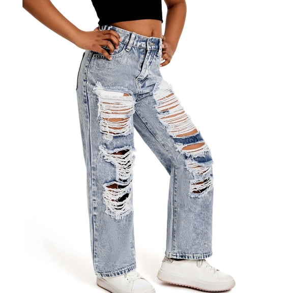 Girls Pants,Jeans Denim Pants Girls Casual Jeans Snow Wash Distressed Wide Leg Loose Fit Comfortable Bottoms Jeans,Travel Pants,Light Blue,9-10 Years