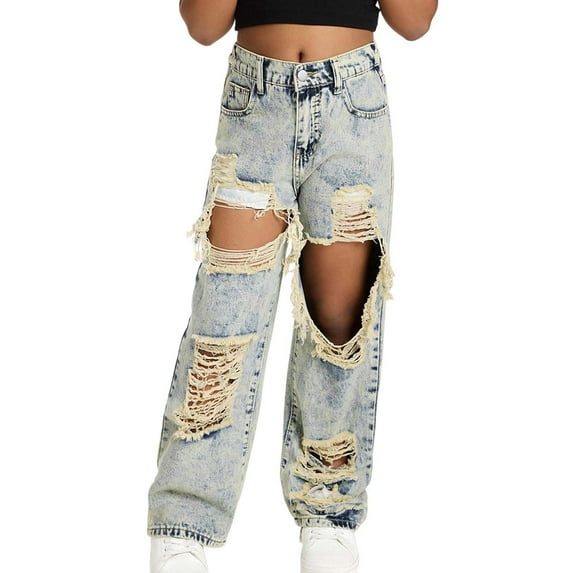 Girls Pants,Jeans Denim Pants Girls Jeans Distressed Washed Wide Leg Casual Comfortable Bottoms Jeans,Sweatpants,Blue,8-9 Years