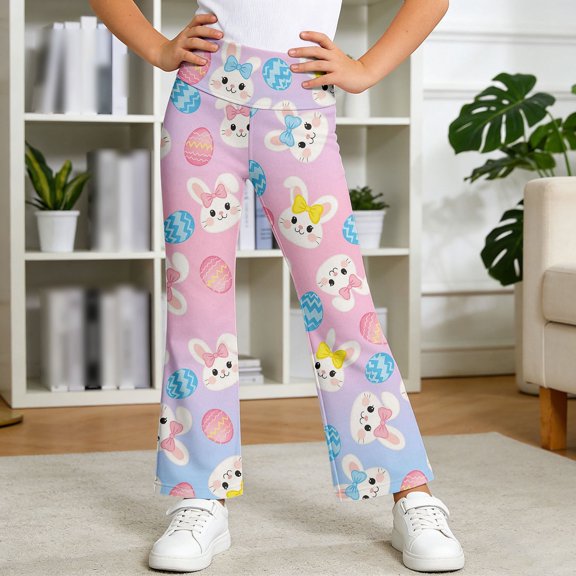 Girls Pants Kids Cartoon Rabbit Print Wide Leg Trousers Elastic Waist Loose Casual Fit Girls 1-2Y
