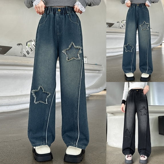 Girls Pants Kids Casual Trousers Denim Pants Straight Leg Trousers Loose Wide Leg Fall Long Pants for Big Kids and Youth