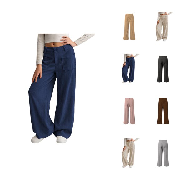 Girls Pants Kids Corduroy Wide Leg Pants Girls Button Front Zipper Straight Trousers with Pockets for Teen Youth School Wear