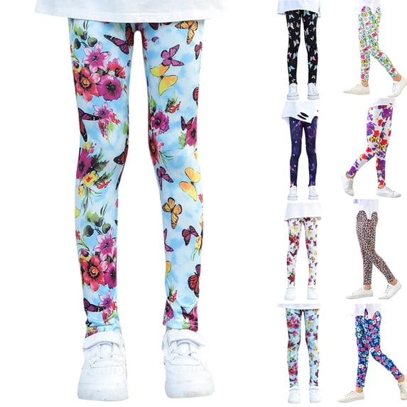 Girls Pants Kids Girls Ankle Length Printed Flower Classic Stretch Leggings Purple 6-7 Years