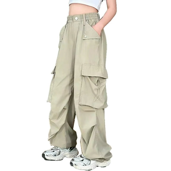Girls Pants Kids Teen Girls Solid Cargo Pants Casual Loose Fit Elastic Waist Straight Leg Jogger Pants with Pocket Toddler Pants Khaki 12 Years-13 Years