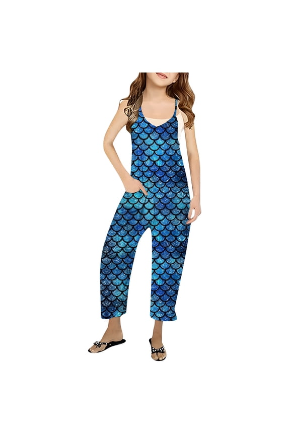Girls Pants Scale Printed V Strap Romper Solid Color Loose Romper Pocket Activewear