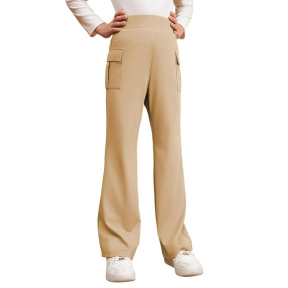 Girls Pants,School Flare Flared Trousers Stretchy Bottoms Pants for Girls,Sweatpants,Khaki,7-8 Years