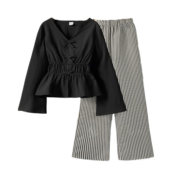 Girls' Pants Set 2 Piece Outfits Girls Clothes Size 7 Sets V Neck Short Sleeve Bowknot Blouse and Wide Leg Pants Summer Clothes Size 10-11 Years Black