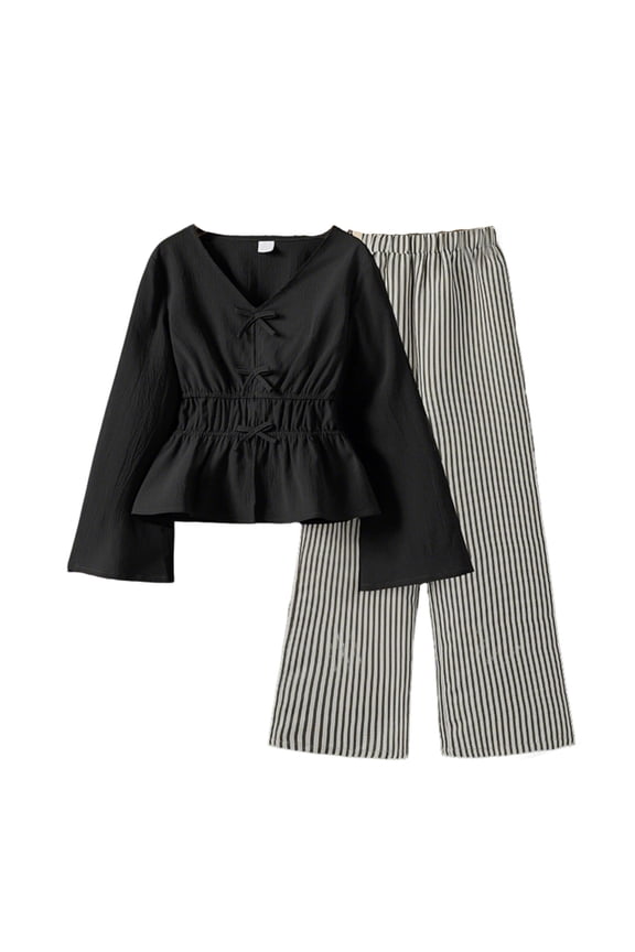 Girls' Pants Set Slim-Fit Shirt Top Striped Long Pants Black 10 Y-11 Y