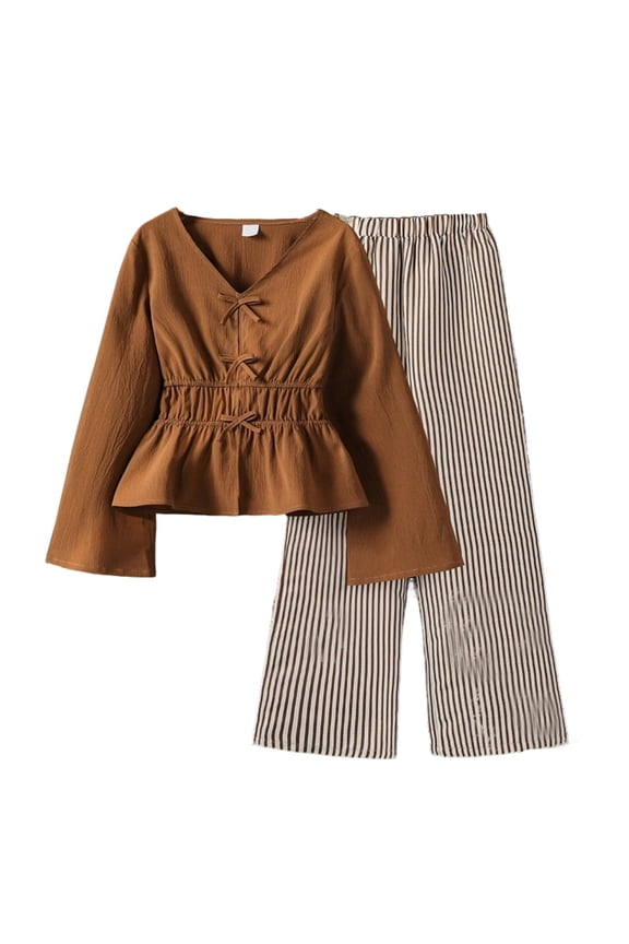 Girls' Pants Set Slim-Fit Shirt Top Striped Long Pants Brown 10 Y-11 Y