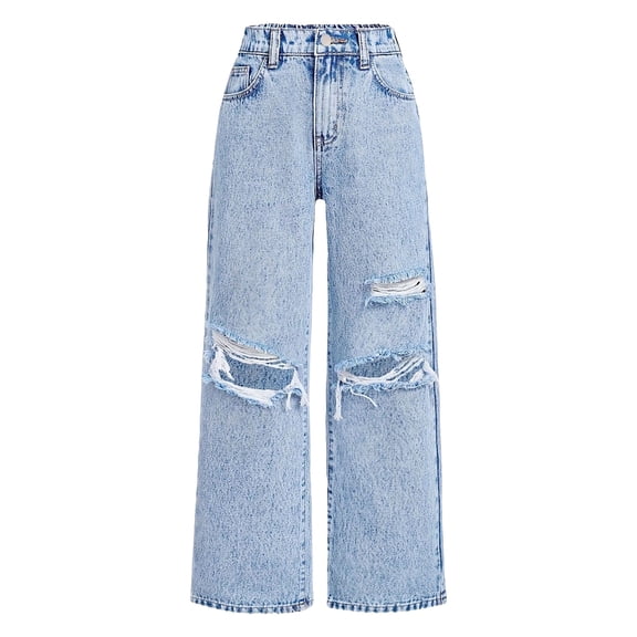 Girls Pants Size 10-12 Jeans Girl's Star Applique Elastic High Waist Jeans Wide Leg Loose Ripped Denim Pants Y2K Trendy Tween Streetwear 3-14 Y