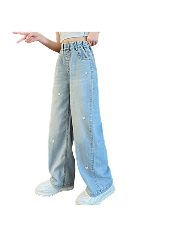Girls Pants Size 10-12 Jeans Kids Girls Cute Embroidery Jeans Flare Straight Elastic Waist Denim Pants Stylish Loose Trousers for Junior Girls
