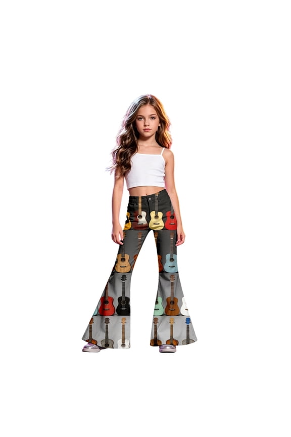 Girls Pants Size 10 Flare Dress Pants Rock Guitar Music Note Print Flare Pants, High Waist Stretch Retro Bell Bottom Stage Performance Bootcut Trousers Back To School Clothes Multicolour