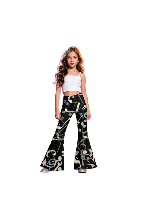 Girls Pants Size 10 Flare Pants Rock Guitar Music Note Print Flare Pants, High Waist Stretch Retro Bell Bottom Stage Performance Bootcut Trousers Back To School Clothes Multicolour