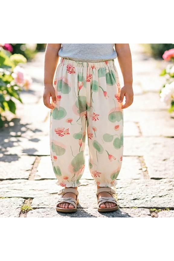Girls Pants Size 3-4Y Kids Cartoon Print Elastic Waist Trousers Lightweight