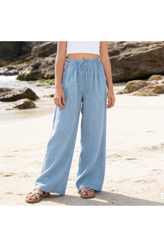 Girls Pants Size 4-5Y Kids Loose Fit Beach Trousers with Pockets Soft Solid