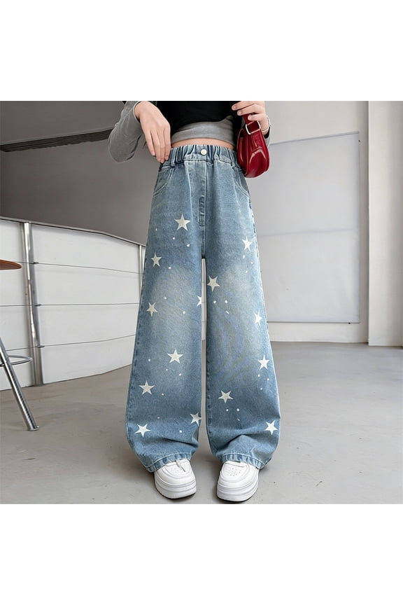 Girls Pants Size 4-5Y Kids Star Print Straight Wide Leg Jeans Loose Everyday