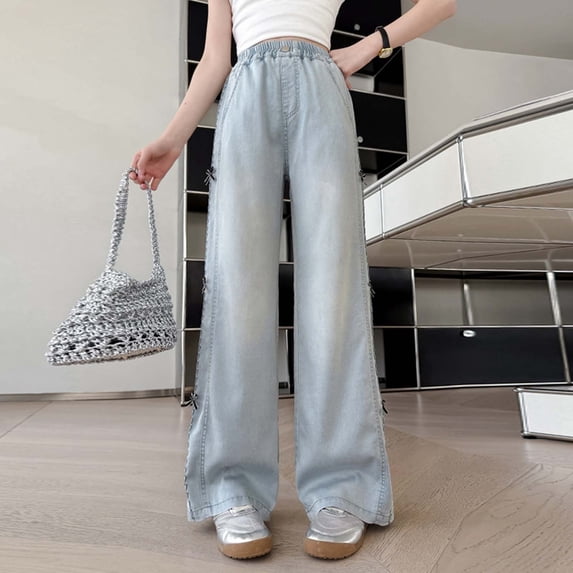 Girls Pants Size 5-6Y Kids Cool Tencel Straight Wide Leg Jeans Breathable