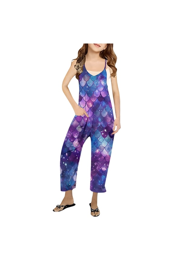 Girls Pants Size 7-8Y Kids Fish Scale Casual Trouser with Pocket Breathable