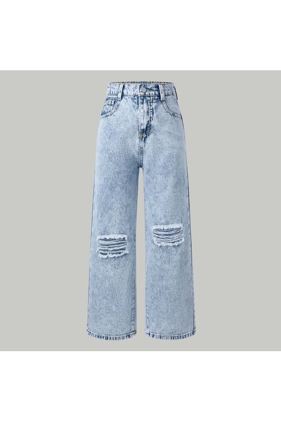 Girls Pants Size 8-9Y Kids Snowflake Ripped Stretch Wide Leg Jeans Comfortable