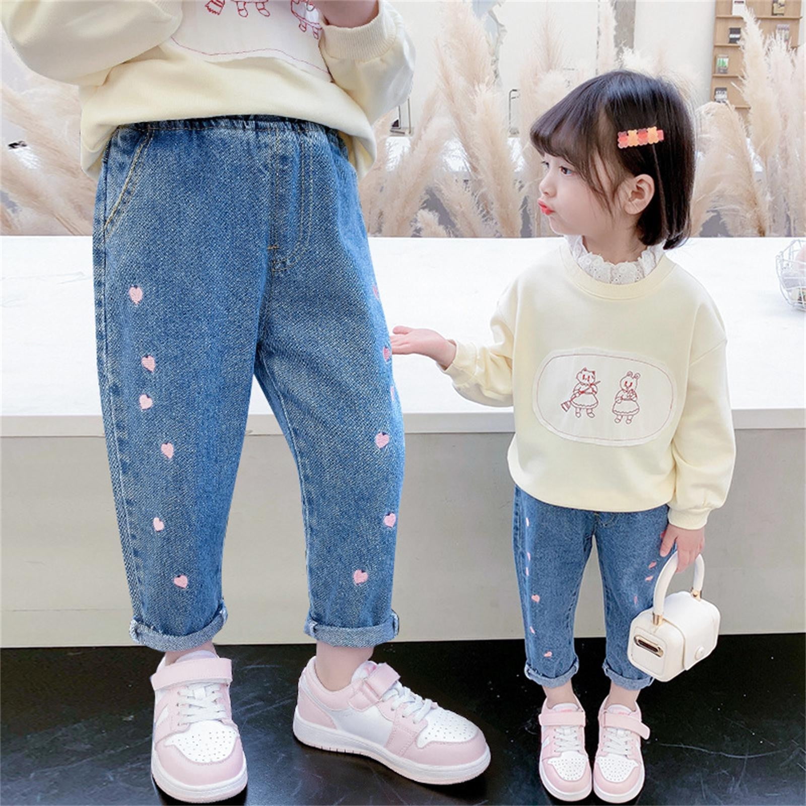 Spring Girls Denim Jeans Lace Trim Casual Pants for Babies & Toddlers