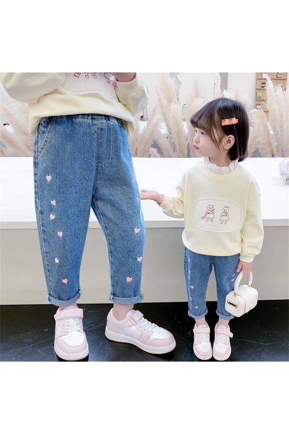 Girls' Pants Spring Fall 2024 Children's Pants Spring Baby Jeans Medium Children Embroidered Stretch Pants Jeans Teens 4-5 Years