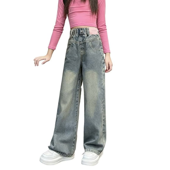 Girls Pants Streetwear Baggy Straight Leg Denim Trousers Casual High Waisted Wide Leg Jeans for Girls Size 4-15