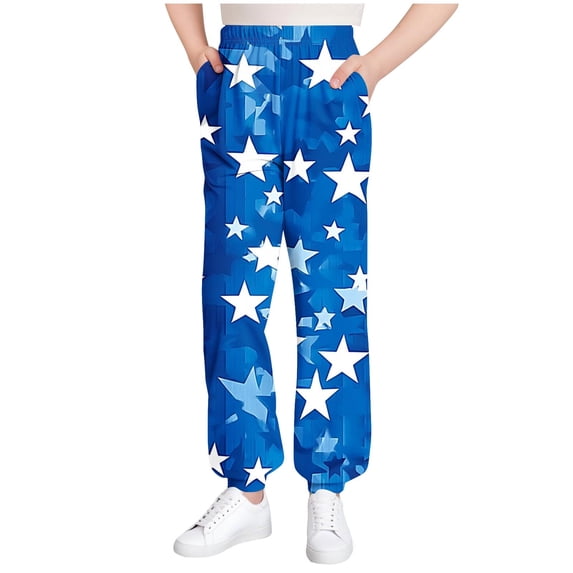 Girls' Pants Striped/Plaid/Stars Printed Trendy Sweatpants Cinch Bottom Elastic Waisted Casual Jogger Pants (13-14 Years, Blue|Stars)