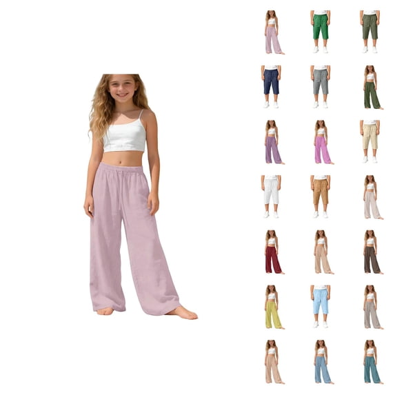 Girls Pants Summer Elastic Waist Wide Leg Pants Lightweight Flowy Boho Beach Vacation Lounge Trousers