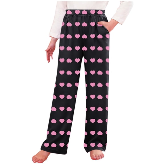 Girls Pants Valentine's Day Heart Graphic Wide Leg Trousers Loungewear Elatic Waisted Causal Pant with Pockets Size 4-16