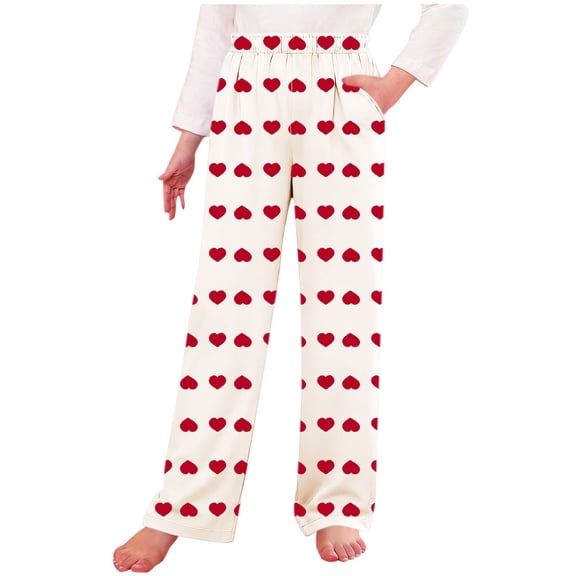 Girls Pants Valentine's Day Heart Graphic Wide Leg Trousers Loungewear Elatic Waisted Causal Pant with Pockets Size 4-16